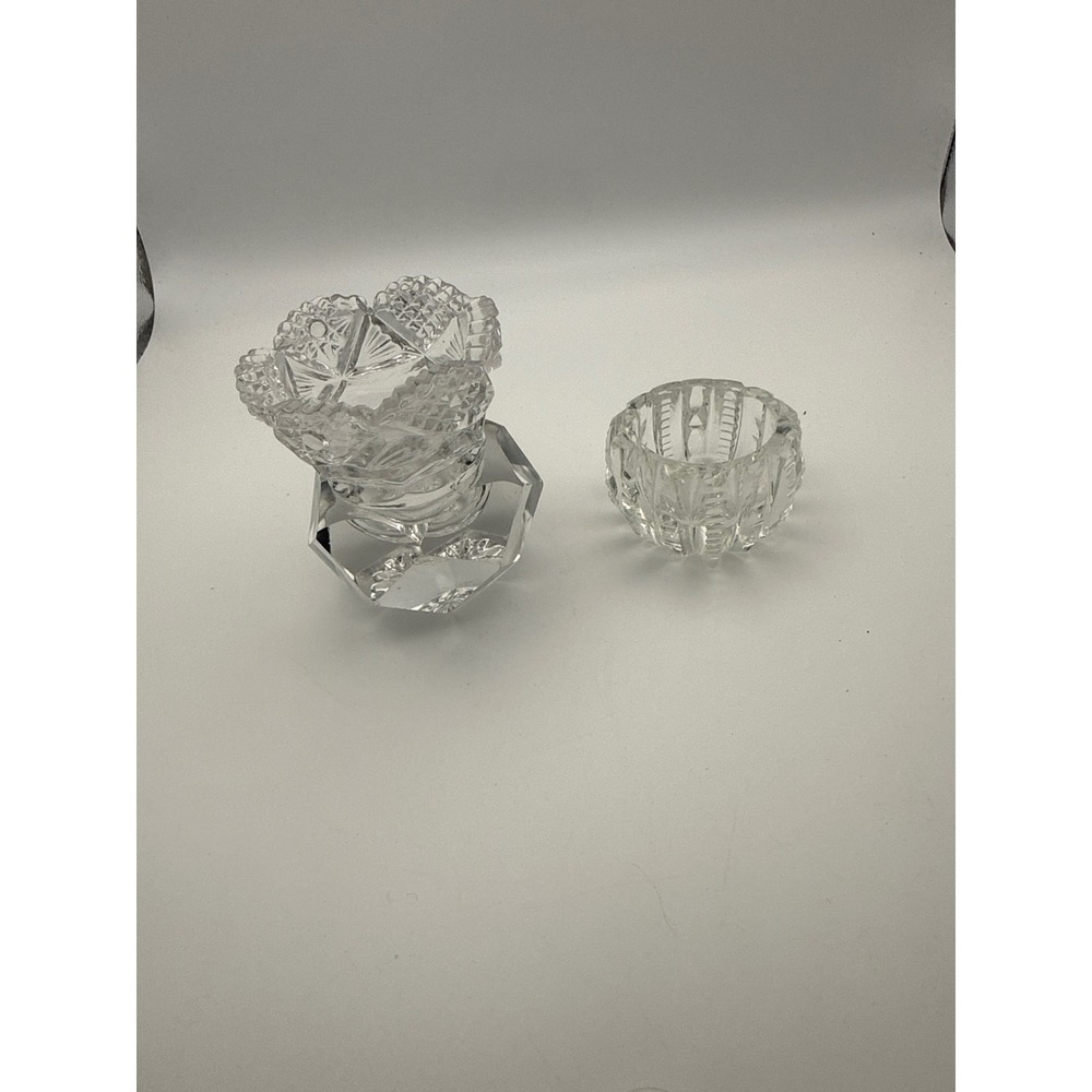Vintage Cut Glass Salt Cellar Set Clear Crystal Scalloped Edge Salt Dips 2pc